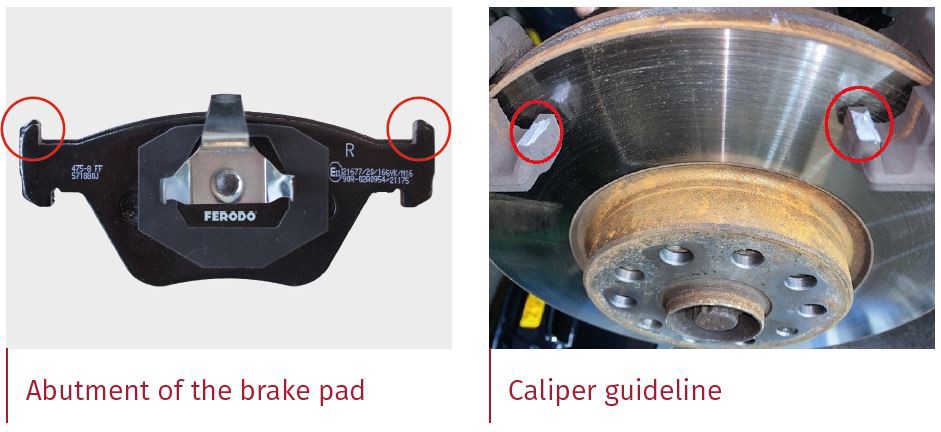 Abutment of brake pad and caliper guideline